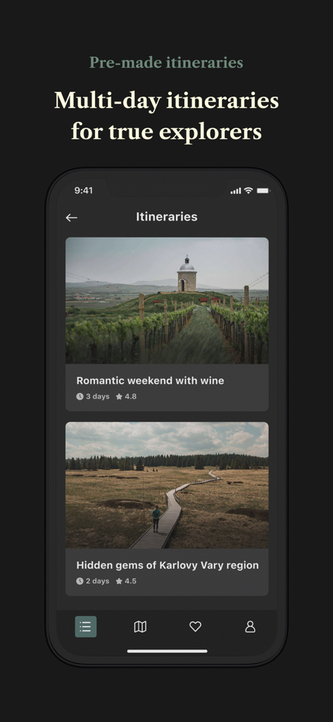 Placehunter: Top places to see - Mobile app screen showing curated travel itineraries for Central Europe