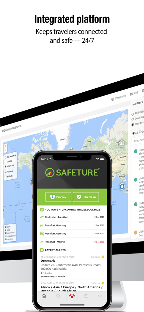 Safeture - Safeture integrated travel safety platform displaying real-time alerts and travel bookings on an iPhone and desktop monitor
