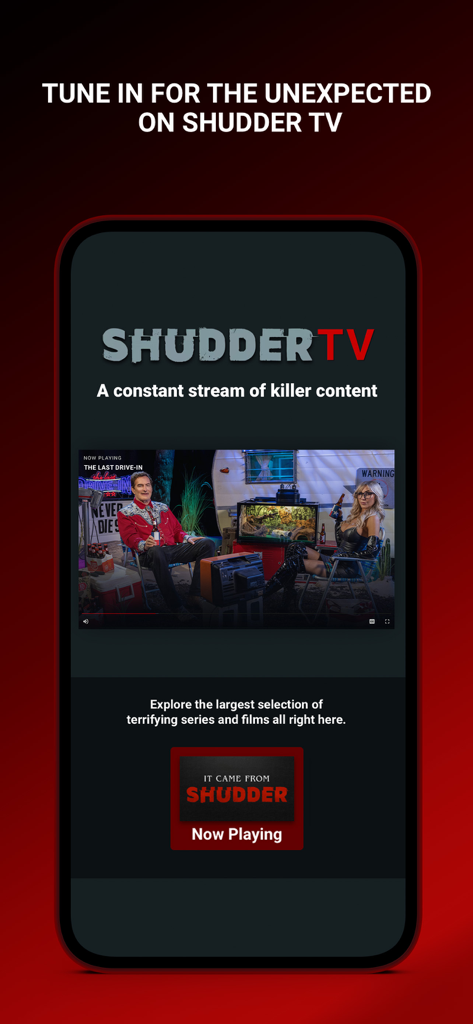 Shudder: Horror & Thrillers - Mobile app interface for Shudder TV showing a stream of horror movies and original series.