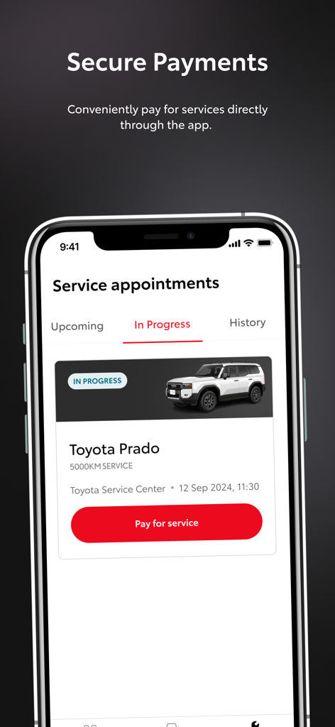 Toyota Qatar app interface showing a car service appointment and a secure payment button