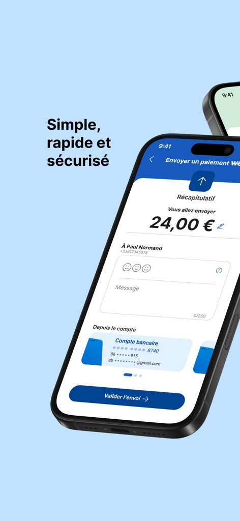 Crédit Mutuel Pay virements - Interfaccia dell'app mobile che mostra un riepilogo di pagamento di 24 euro a un contatto di nome Paul Normand