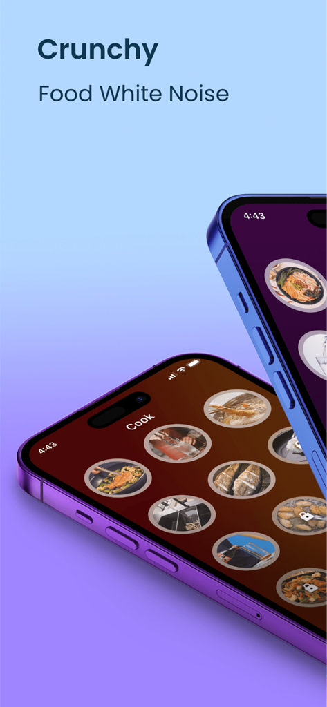 Crunchy - Food White Noise - Dos pantallas de smartphone mostrando la interfaz de la aplicación Crunchy con varias categorías de sonidos de ruido blanco de comida y cocina.