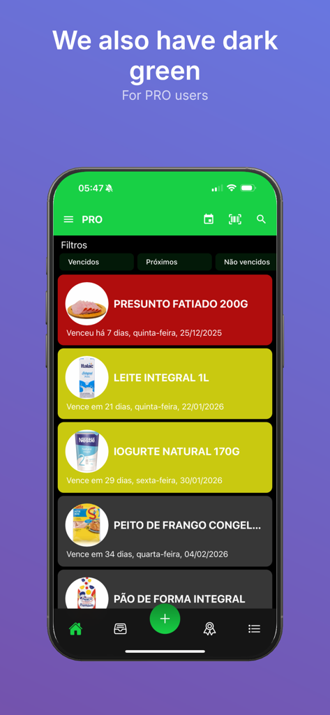 Smart Expiry Tracker - Smart Expiry Tracker app interface showing a list of food items with color-coded expiration dates and a dark green theme for PRO users