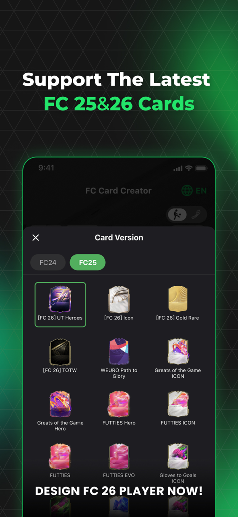 FUT 26 Card Creator - Um menu mostrando várias opções de design de card de futebol para FC 25 e FC 26