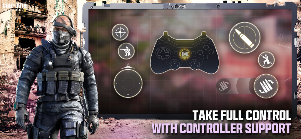 A soldier from Call of Duty Mobile next to a screen highlighting game controller support with tactical UI icons.