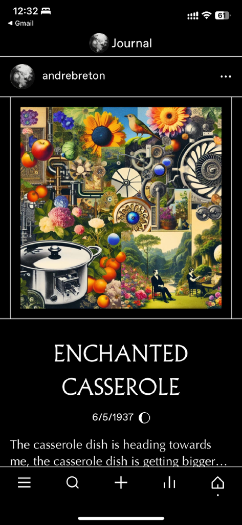 Elsewhere Dream Journal - A surreal AI-generated dream visualization in the Elsewhere Dream Journal app titled Enchanted Casserole.
