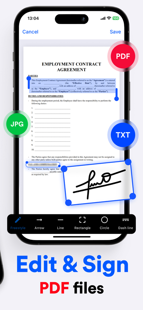 PDF Scanner: Scan Document - Interface de aplicativo móvel para editar e assinar eletronicamente um contrato de trabalho em PDF