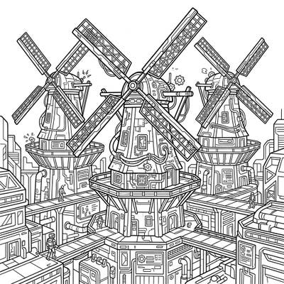 Discover an astonishing fusion where classic Dutch windmills are reimagined in a dynamic cyberpunk style. This intricate coloring page features a high-tech urban landscape filled with detailed structures and futuristic elements, ready for your creative touch.