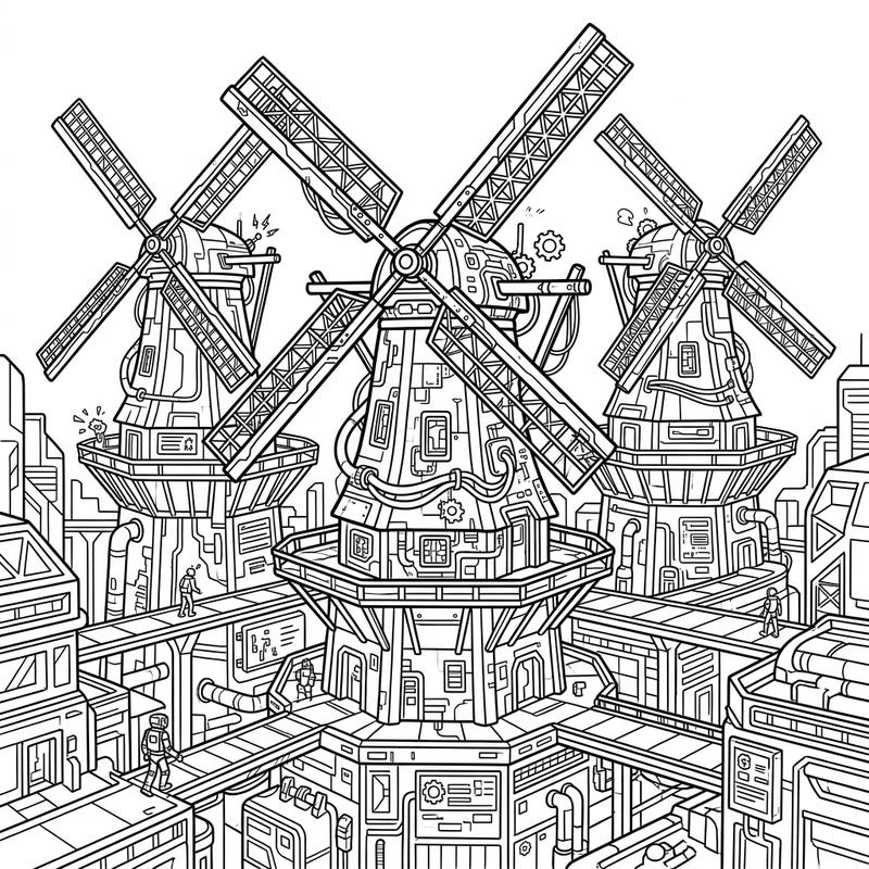 Discover an astonishing fusion where classic Dutch windmills are reimagined in a dynamic cyberpunk style. This intricate coloring page features a high-tech urban landscape filled with detailed structures and futuristic elements, ready for your creative touch.