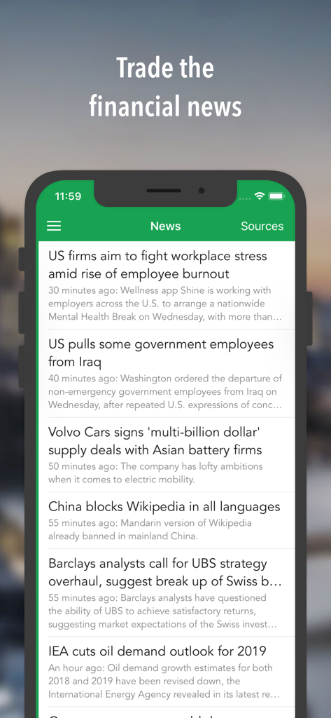 Best Brokers Stock Market Game - Leitor de notícias financeiras integrado no aplicativo simulador de mercado de ações Best Brokers, mostrando manchetes de negócios globais