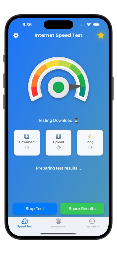 Test Speed: WiFi & Internet - Internet speed test app interface on iPhone showing a download test in progress with a speedometer graphic.
