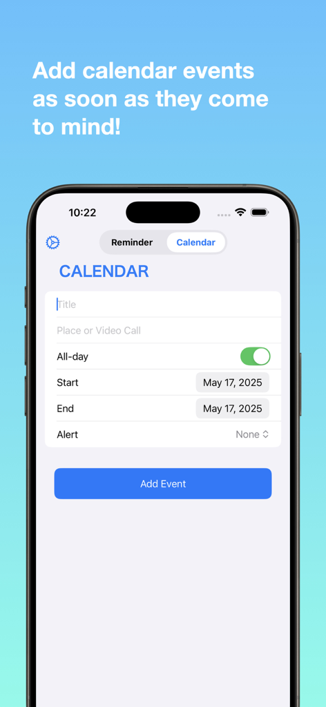 Quick Add Reminders & Calendar - Smartphone screen showing the calendar event creation form in the Quick Add app