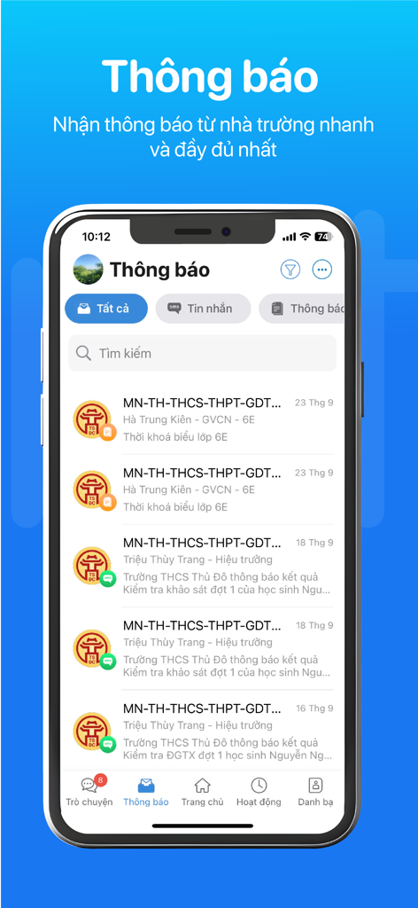eNetViet - Screenshot of the eNetViet app displaying a list of school announcements and notifications for parents