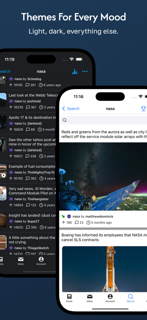 Hydra app displaying light and dark mode theme options for Reddit browsing