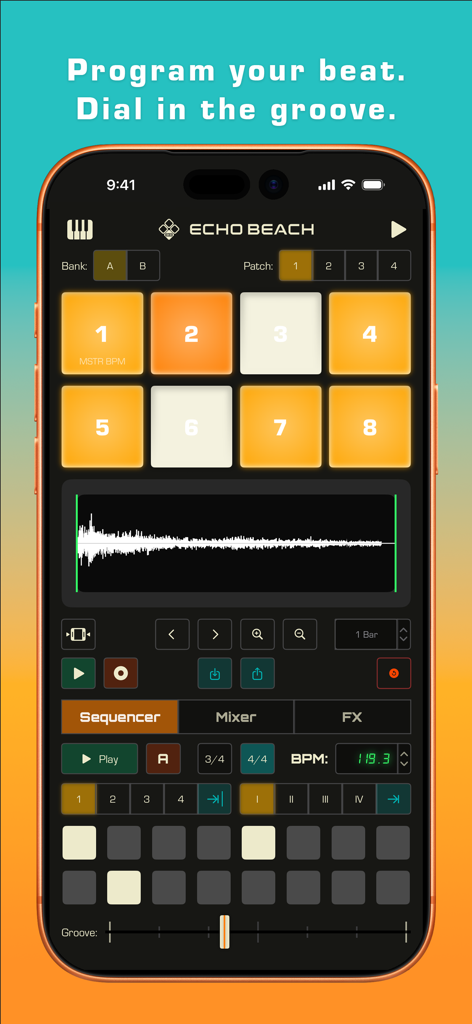 Echo Beach mobile app interface showing an 8-pad sampler and step sequencer for music production