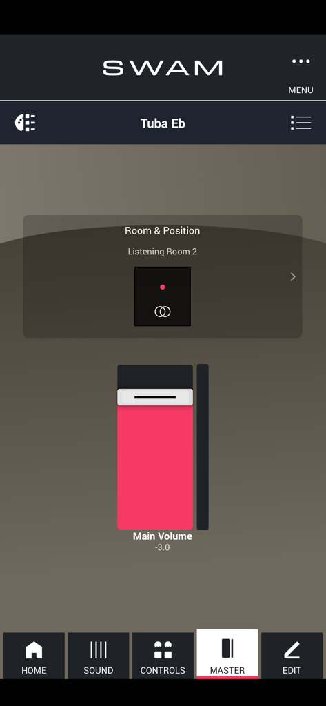 SWAM Tuba Eb - Tela de configurações mestre do aplicativo SWAM Tuba Eb com um controle deslizante de volume e posicionamento acústico da sala.