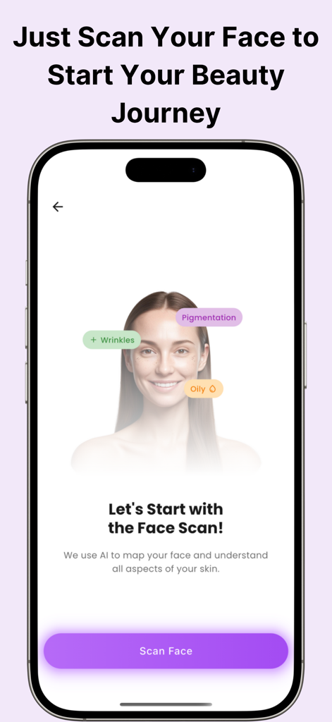Glow AI app interface showing an AI face scan identifying wrinkles, pigmentation, and oily skin concerns.