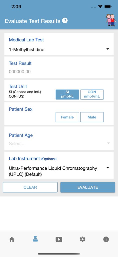 CALIPER App - Interfaz de la app CALIPER que muestra la pantalla de Evaluación de Resultados de Pruebas con campos para la selección de pruebas de laboratorio, la entrada de resultados y la información demográfica del paciente.