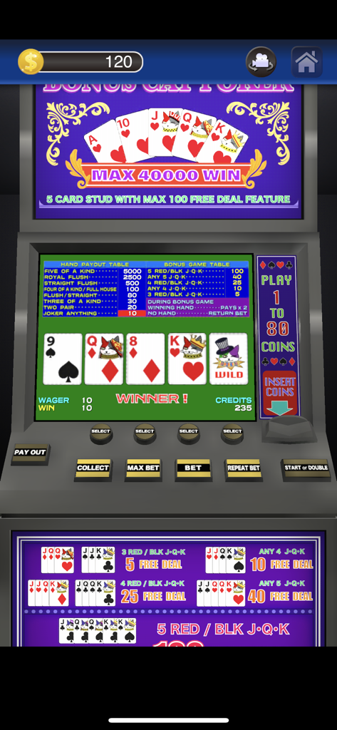 Medal Game Simulator - Interfaz del juego de Póker Bonus Cat dentro de la aplicación Simulador de Juegos de Medallas, mostrando cartas y tablas de pago