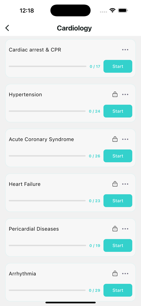 A list of cardiology study modules in the Remedy Platform app showing topics like Hypertension and Heart Failure with progress bars