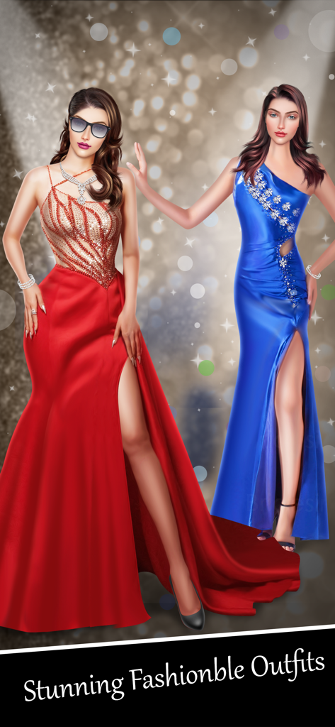 Fashion Show GlamUp Games One - Two virtual models wearing a red sequined evening gown and a blue one-shoulder dress in a fashion show game.