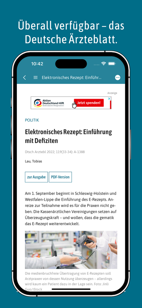 Deutsches Ärzteblatt - Deutsches Ärzteblatt App zeigt einen medizinischen Nachrichtenartikel über E-Rezepte auf einem Smartphone