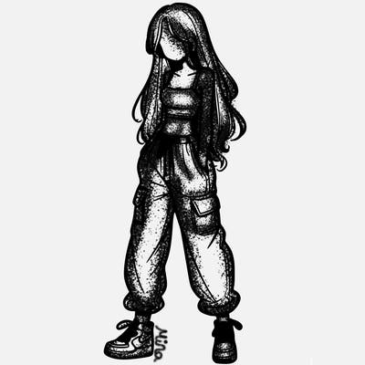girl in baggy pants crop top and long hair
