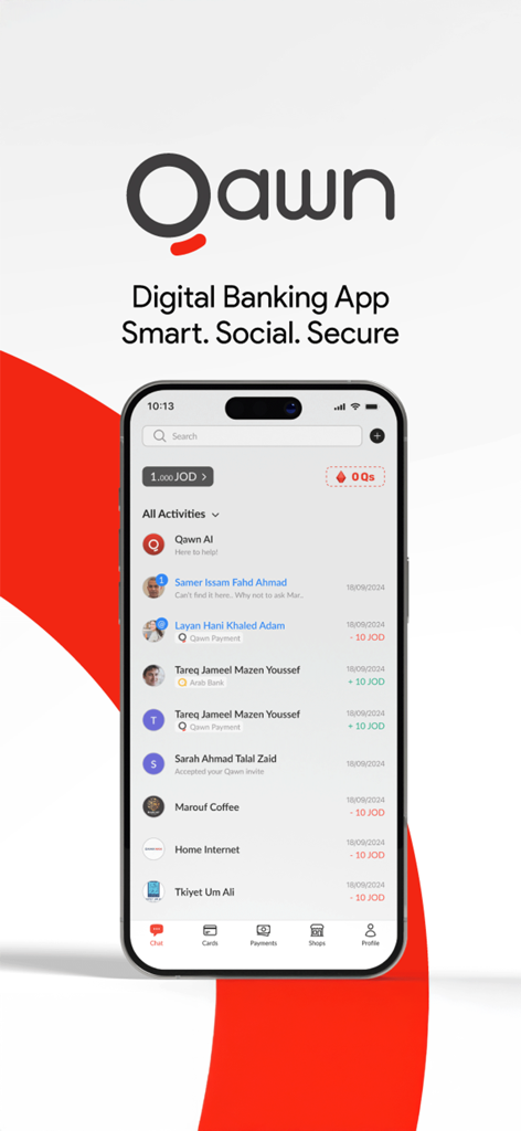 Qawnアプリのインターフェースに、最近のソーシャルバンキング活動と送金のリストが表示されています