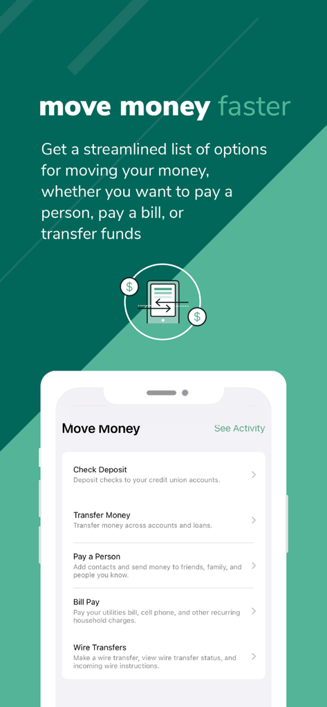 DCU Digital Banking - Move Money screen in the DCU Digital Banking app showing options for transfers and bill pay.