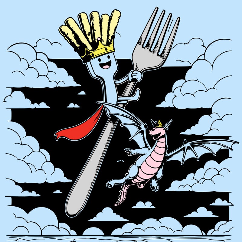 realistic fork wearing a crown riding on a dragon in floating iskands and eatind mozzarella sticks