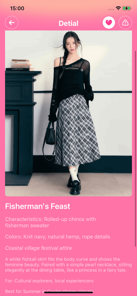 Una pantalla de recomendación de moda en la aplicación Lamo-Matching que muestra a una mujer con una falda a cuadros y un top negro de punto para un look de festival costero