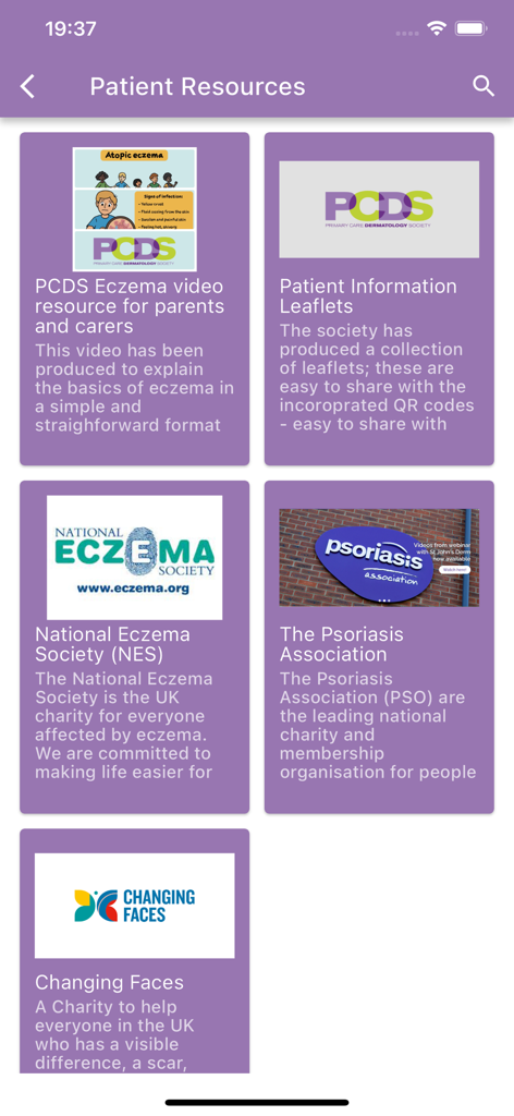 A screen from the PCDS app displaying various patient resources for conditions like eczema and psoriasis.