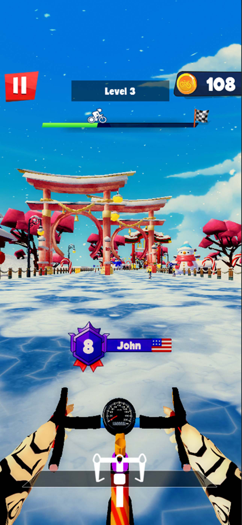 BMX Bike Games: Cycle Games 3D - Vue à la première personne d'une course de vélo sur une piste enneigée à travers des portails japonais