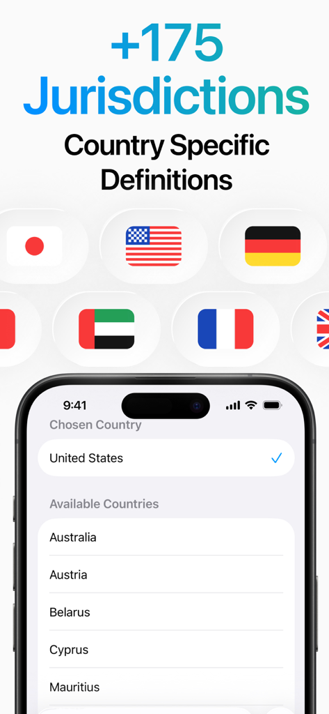 Legal Terms app screen showing over 175 jurisdictions with country specific definitions and a country selection menu