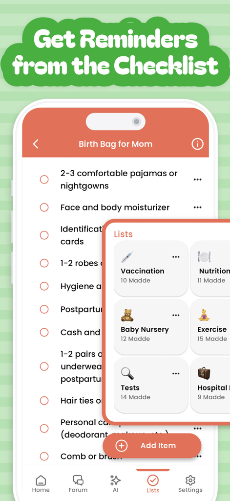 Pregnancy, Baby Tracker －Yuppy - Screenshot mobile dell'app Yuppy che mostra una lista di controllo per la valigia da ospedale e varie categorie di compiti genitoriali come vaccinazione e nutrizione.