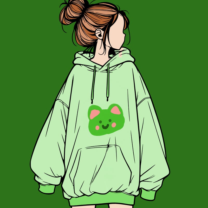 realistic girl with a oversized sweatshirt on and a bun