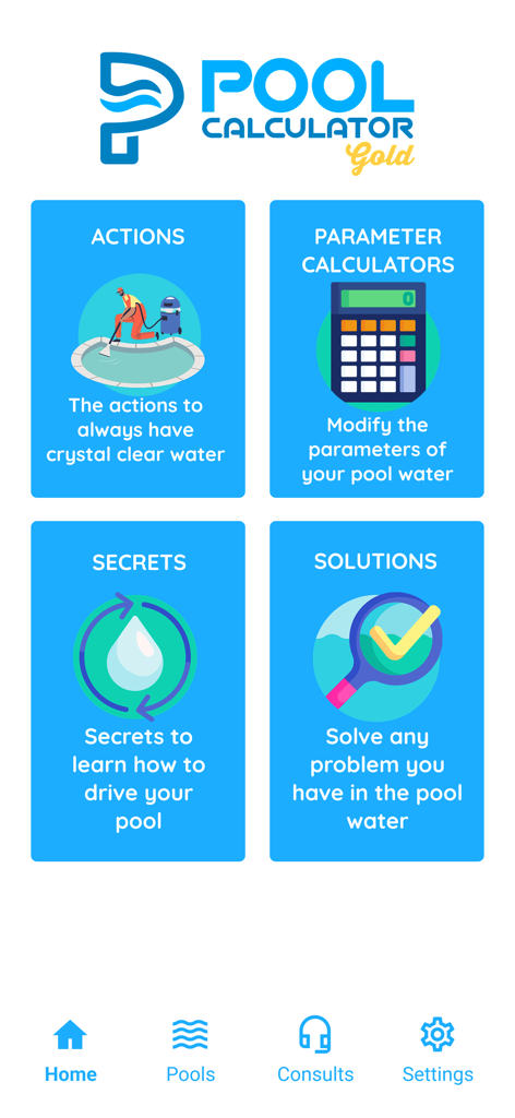 Swimming Pool Calculator - スイミングプール計算機ゴールドアプリのホーム画面。メンテナンスアクションと水質パラメータ計算機が表示されます。