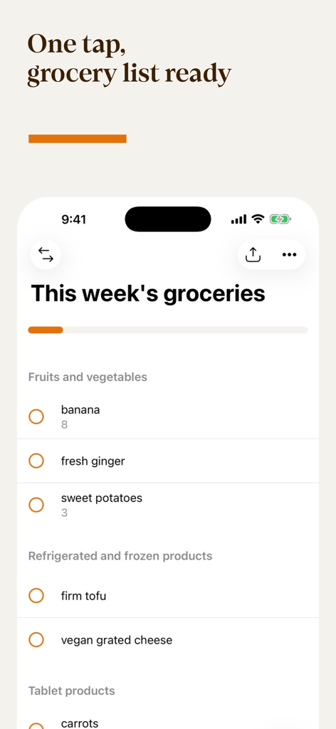 Eline's Table: Vegan Recipes - A smartphone screen showing a categorized vegan grocery list in the Elines Table app with items like tofu and sweet potatoes.
