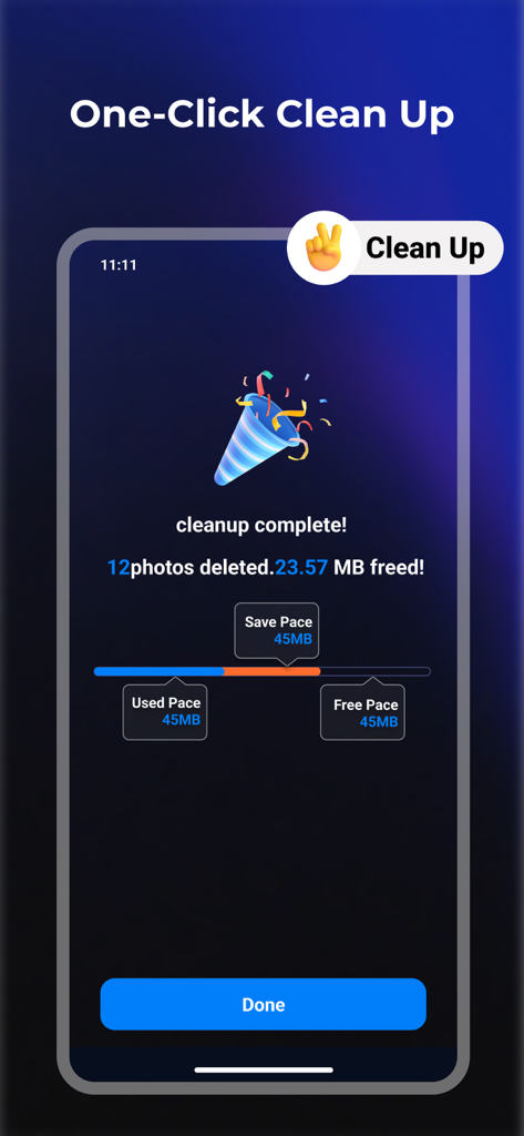 A screen showing the successful completion of a one click gallery cleanup with storage space saved
