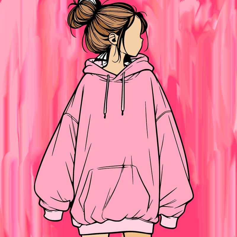 realistic girl with a oversized sweatshirt on and a bun