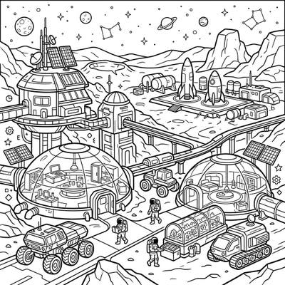 Journey to the red planet with this exciting Mars colony coloring page designed for teens. Discover futuristic habitats, advanced vehicles, and brave astronauts awaiting your creative touch.