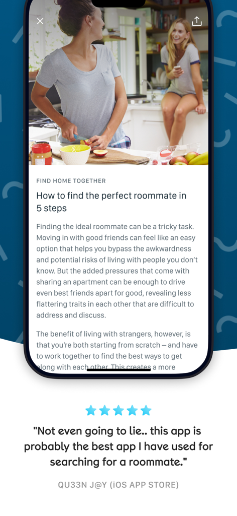 SpareRoom US - SpareRoom US mobile app screen with a guide on finding roommates and a top rated user review