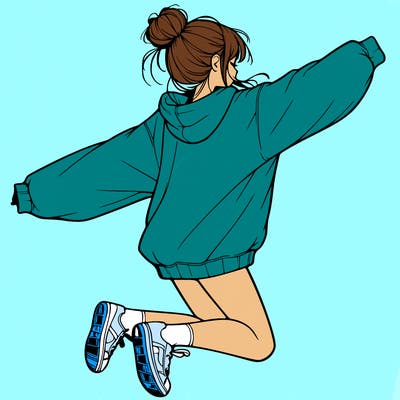 realistic girl jumping with a bun and oversized sweatshirt
