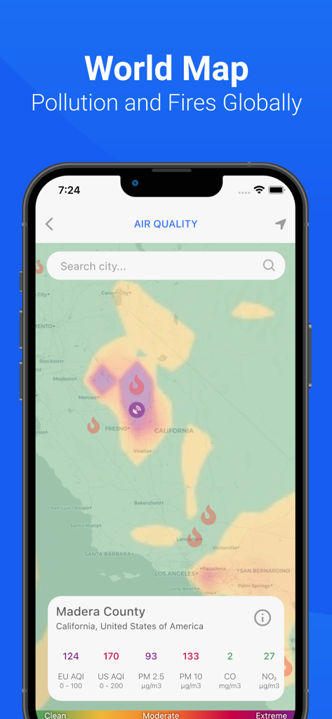 Air Quality & Pollen - AirCare - AirCare app world map showing air quality index and wildfire locations in California