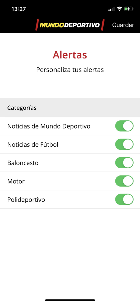 Mundo Deportivo mobile app notification settings screen showing toggle switches for soccer basketball and sports news alerts