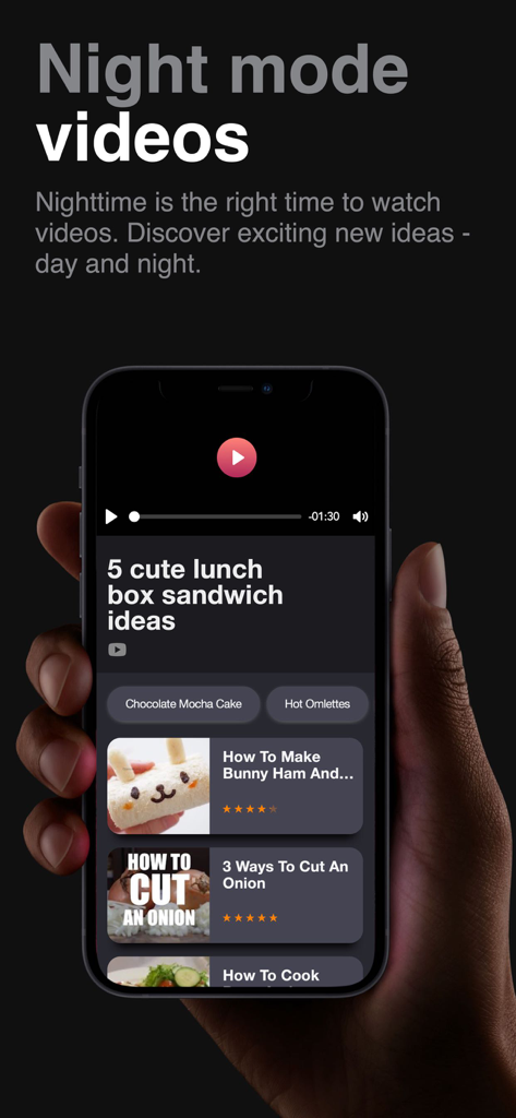 Easy Meal Ideas -Recipe Find - Pantalla de smartphone mostrando la aplicación Ideas Fáciles de Comidas en modo nocturno con tutoriales en video de sándwiches para la lonchera y habilidades de cocina