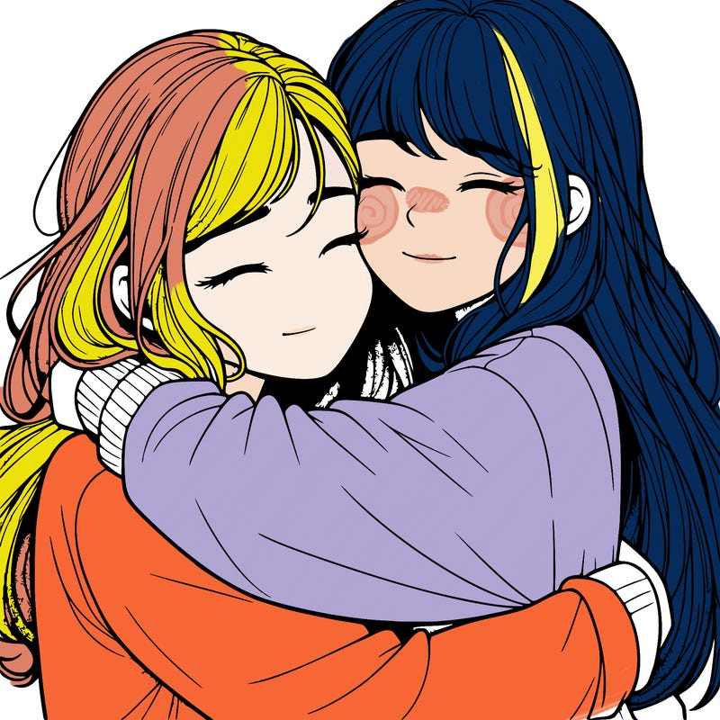 realistic two girls hugging