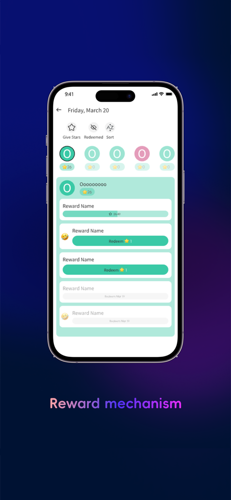 AiMOR - AiMOR App-Bildschirm, der den Familienbelohnungsmechanismus mit Sternen und Belohnungseinlösungen zeigt.