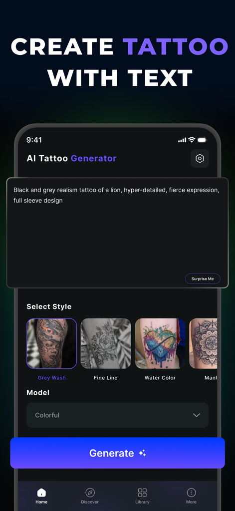 Ai Tattoo Generator - Maker - Interfaccia dell'app mobile che mostra come creare un design di tatuaggio personalizzato utilizzando un prompt di testo e la selezione dello stile