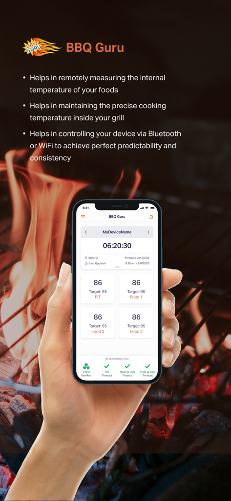 BBQ Guru - BBQ Guru app interface on a smartphone showing pit and food temperature monitoring over a charcoal grill fire